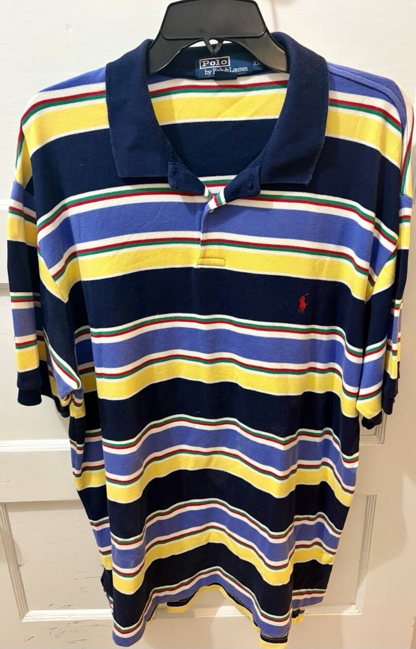 X11-Polo By Ralph Lauren Mens Sz XL Golf Striped Yellow Blue Red Pony USA